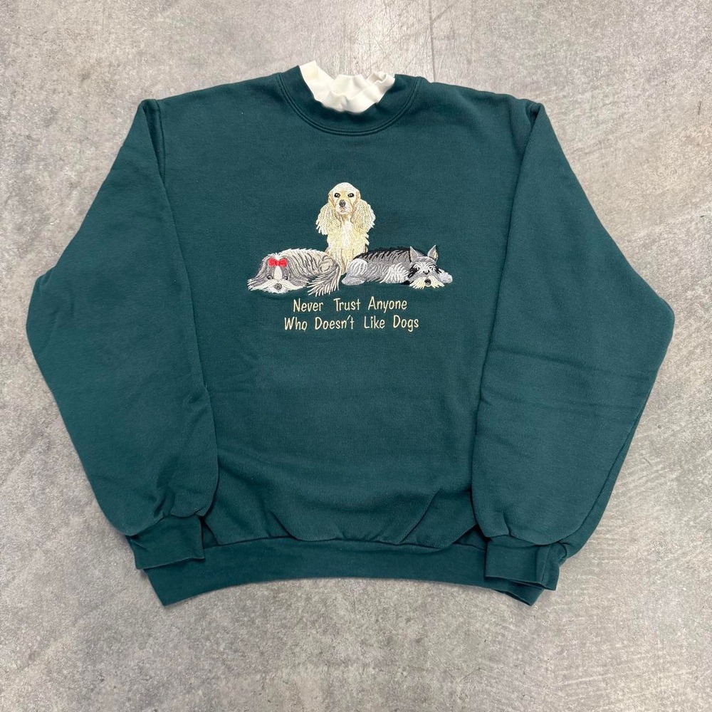 Vintage Dog Crewneck Green Embroidered 90's Pullover Cute Animal Lover Large